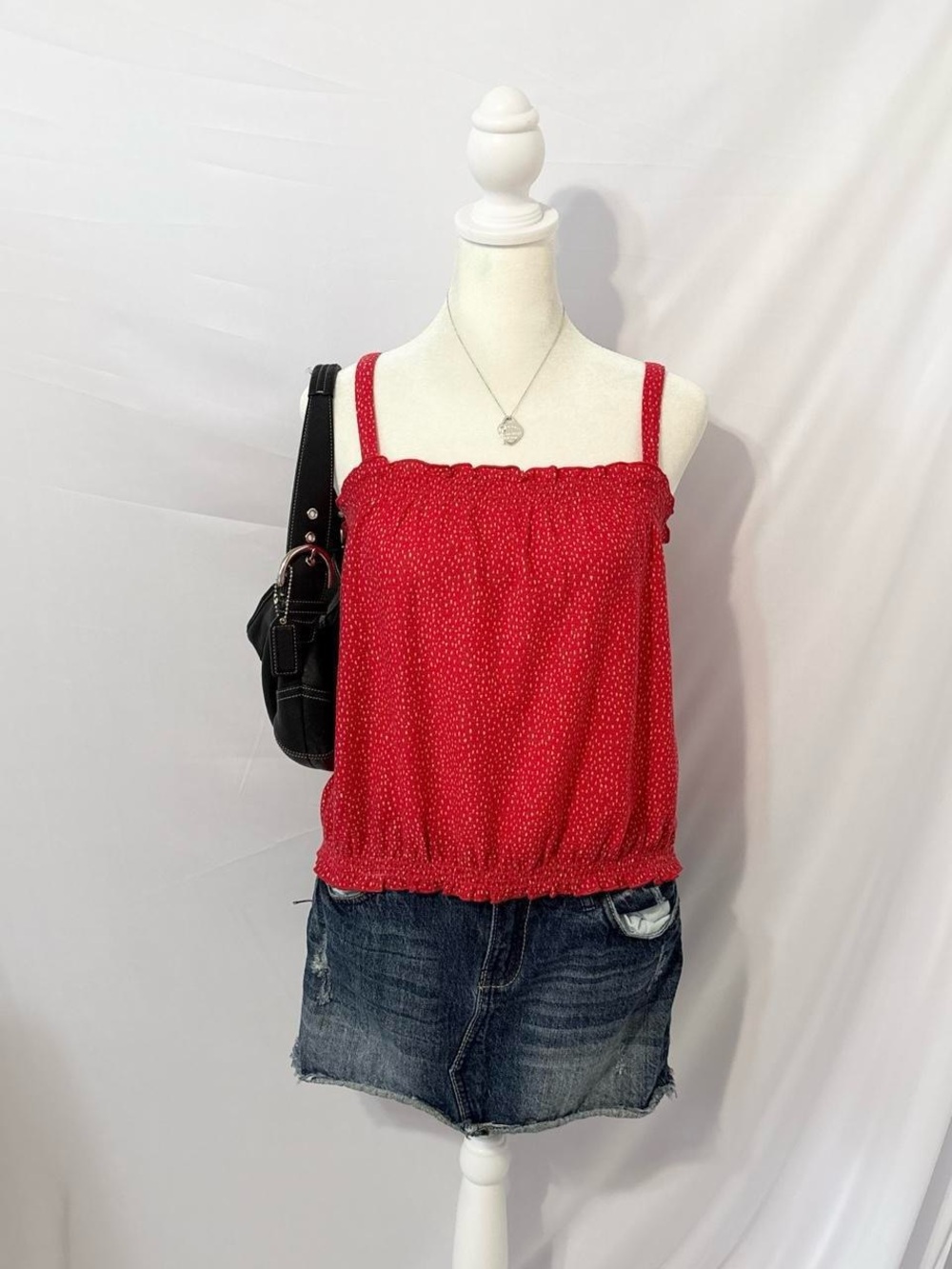 VTG Express Red Polka Dotted Ruffled Tank Top